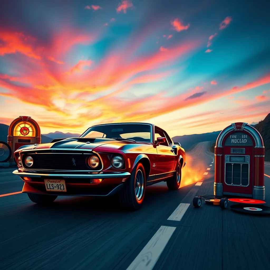 A 1970s music album cover featuring a roaring 1969 Ford Mustang on a highway, with a jukebox and vinyl records in the background. The sky is vividly colored, evoking a sense of nostalgia and excitement.