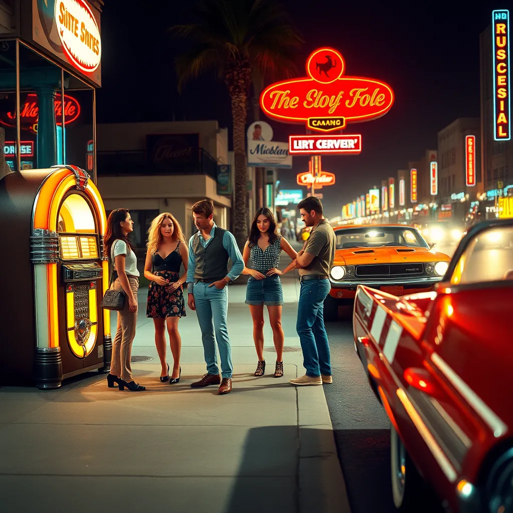 A dynamic street scene from the late 1960s featuring young adults dressed in period fashions, listening to a jukebox on a sidewalk, with muscle cars cruising by, encapsulating the lively cultural atmosphere.