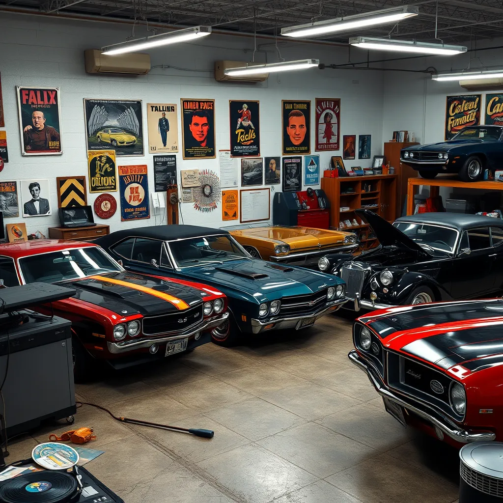 A high-quality, photorealistic image of a modern car enthusiast garage with a mix of classic and new muscle cars. The walls decorated with vintage posters, a record player playing vinyl LPs, and tools scattered around demonstrate the cultural heritage.