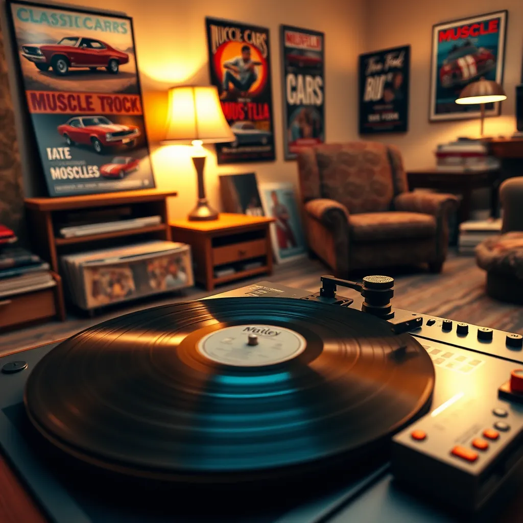 Create a photorealistic, ultra-high quality image of a vinyl record player setup in a cozy living room, with a collection of classic rock albums from the 1964-1974 era. The centerpiece should be a vintage record player playing an album, with a close-up view of the spinning vinyl. The room should be bathed in warm, soft diffused lighting, casting gentle shadows. Use a nostalgic color palette with warm browns, deep reds, and subtle golden tones. Capture the scene from an elevated angle, looking slightly downwards to showcase the record collection, with visible album covers featuring iconic muscle cars and rock musicians. Include textures like the vinyl's grooves, the wooden finish of the furniture, and the fabric of a nearby armchair. In the background, add posters of muscle cars and rock concerts, a vintage lamp, and a stack of magazines from the era. Style the image in the manner of a classic 1970s interior photograph. Render the image in 8K resolution, with hyperrealistic and ultra-detailed elements.