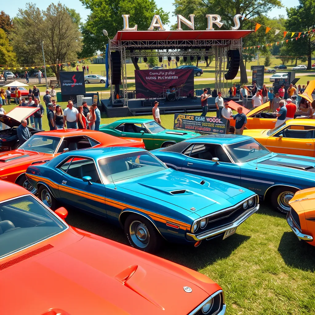 Generate a photorealistic, ultra-high quality image of an outdoor car show featuring muscle cars from 1964-1974, set in a park during a sunny day. The main focus should be a lineup of pristine muscle cars, including a 1970 Dodge Challenger, a 1966 Ford Mustang, and a 1971 Plymouth Barracuda. Surround the cars with enthusiastic attendees, some dressed in period-appropriate clothing. Use natural bright sunlight to create vibrant reflections on the car surfaces. The color palette should be lively with striking car colors like cherry red, electric blue, and canary yellow. Capture the scene from a wide-angle perspective to encompass the entire event, including a stage in the background with a live band playing classic rock music. Pay attention to the textures of the polished car exteriors, the grassy park area, and the fabric of the attendees' clothing. Include environmental elements like banners, food stalls, and festoon lights hanging above. Style the image in the spirit of vibrant 1970s outdoor photography. Render the image in 8K resolution, ensuring hyperrealistic and ultra-detailed visuals.