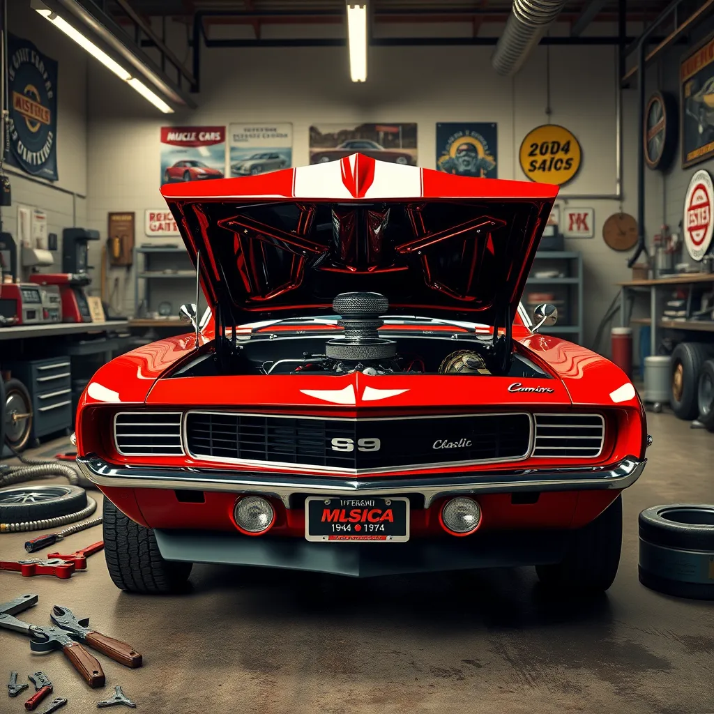 Generate a photorealistic, ultra-high quality image of a vintage car garage, focusing on the restoration of classic muscle cars from 1964-1974. The centerpiece should be a gleaming 1969 Chevrolet Camaro, with its hood open, showcasing a meticulously detailed engine. Surrounding it, include mechanic tools, spare parts, and an old radio playing rock music from the '60s. Use soft diffused lighting to create a warm and inviting atmosphere. The color palette should consist of rich reds, glossy blacks, and chrome accents. Capture the scene from a low camera angle to emphasize the imposing presence of the car, with a shallow depth of field to blur the background slightly. Pay attention to textures—glossy car paint, shiny chrome, and the worn leather of the mechanic's gloves. In the background, include workbenches, posters of muscle cars, and vintage signs. The overall style should evoke the feeling of a classic car workshop in the 1960s. Render the image in 8K resolution, ensuring hyperrealistic and ultra-detailed visuals.