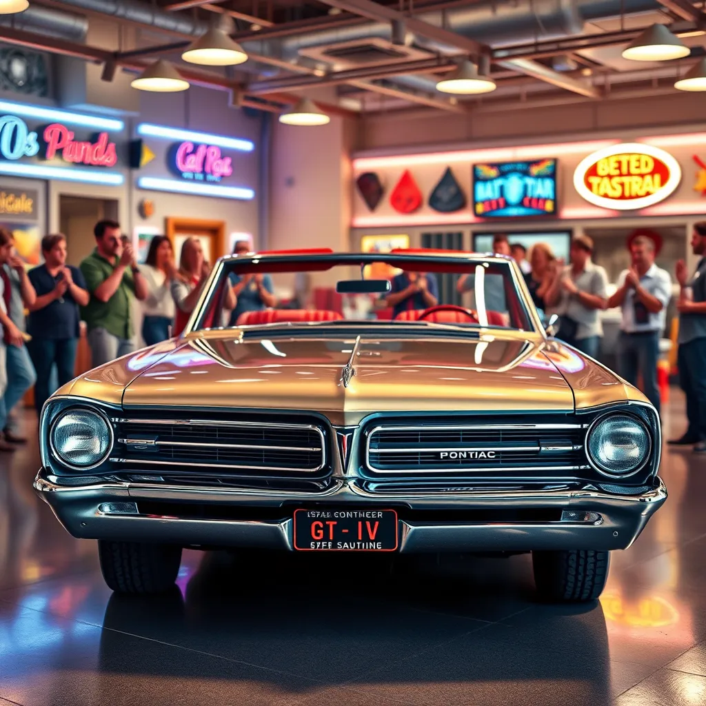 High-quality, photorealistic image of a classic 1964 Pontiac GTO in a vibrant showroom, with shiny polished chrome, sleek body design, and detailed interior. Background includes 1960s-era decor and excited onlookers.